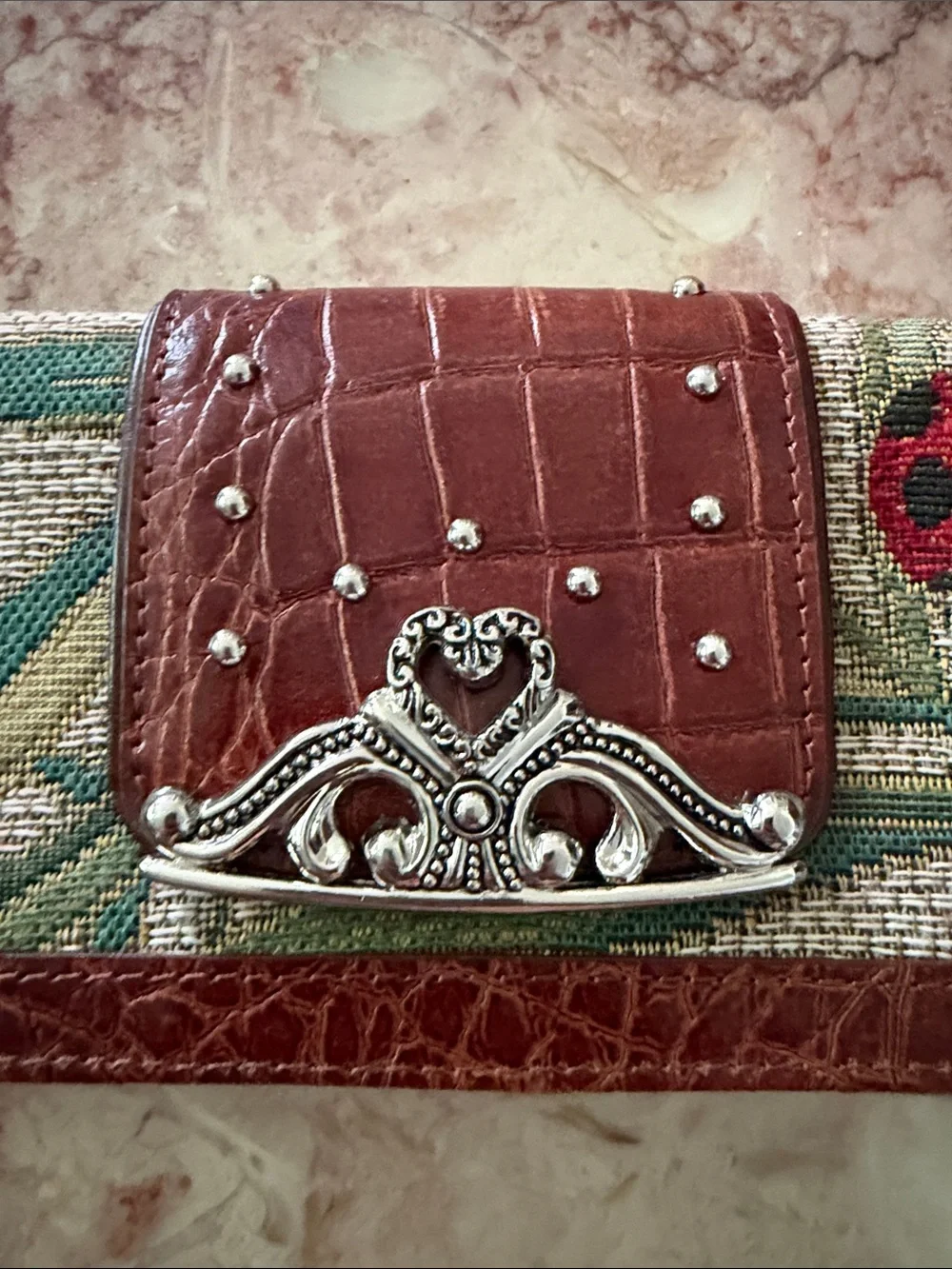 Floral Tapestry Trifold Wallet with Brown Faux-Croc Trim